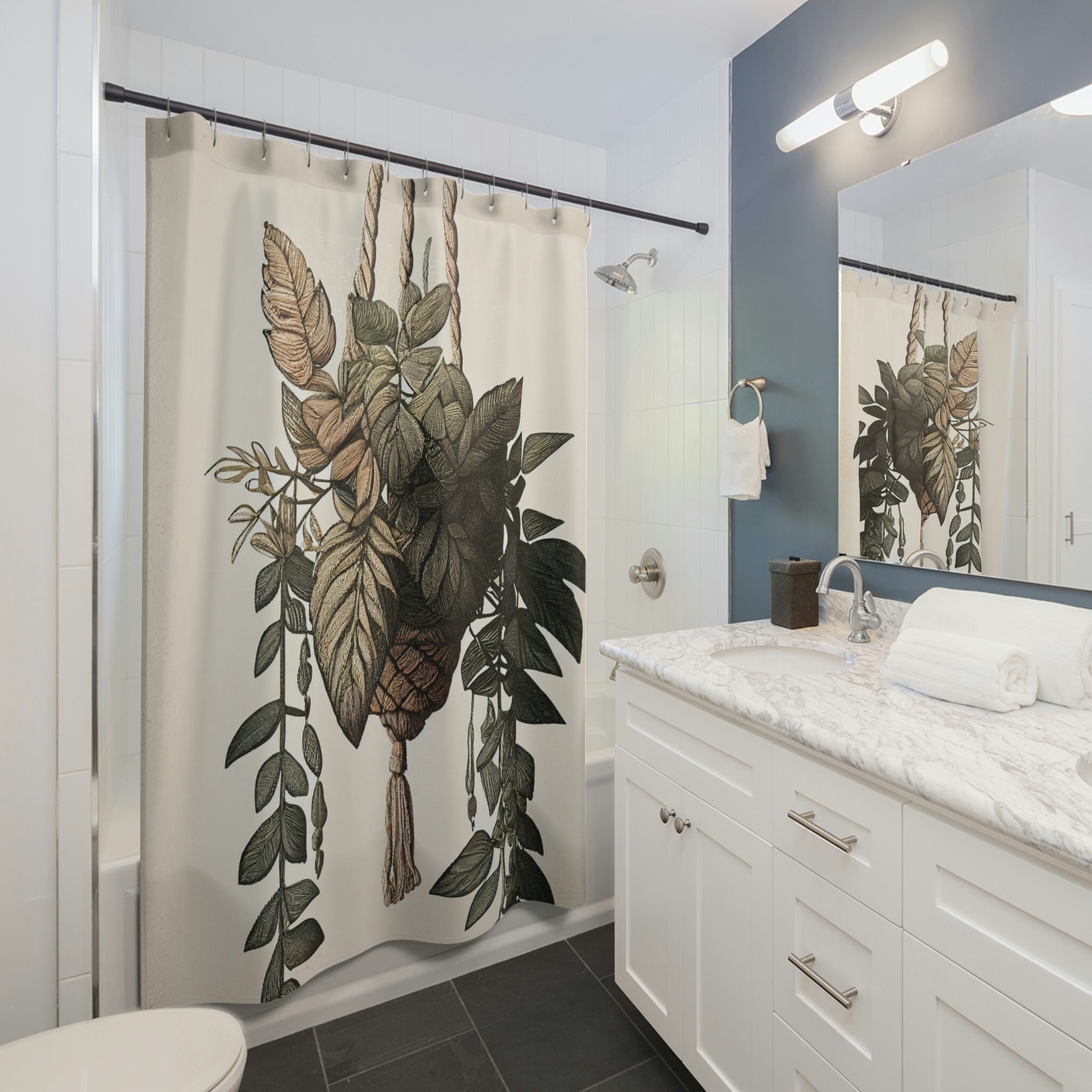 Bohemian Jungle Leaves Print Shower Curtain With Macrame Plant Hanger - Image 2
