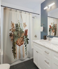 Bohemian Jungle Leaves Print Shower Curtain With Macrame Plant Hanger Set