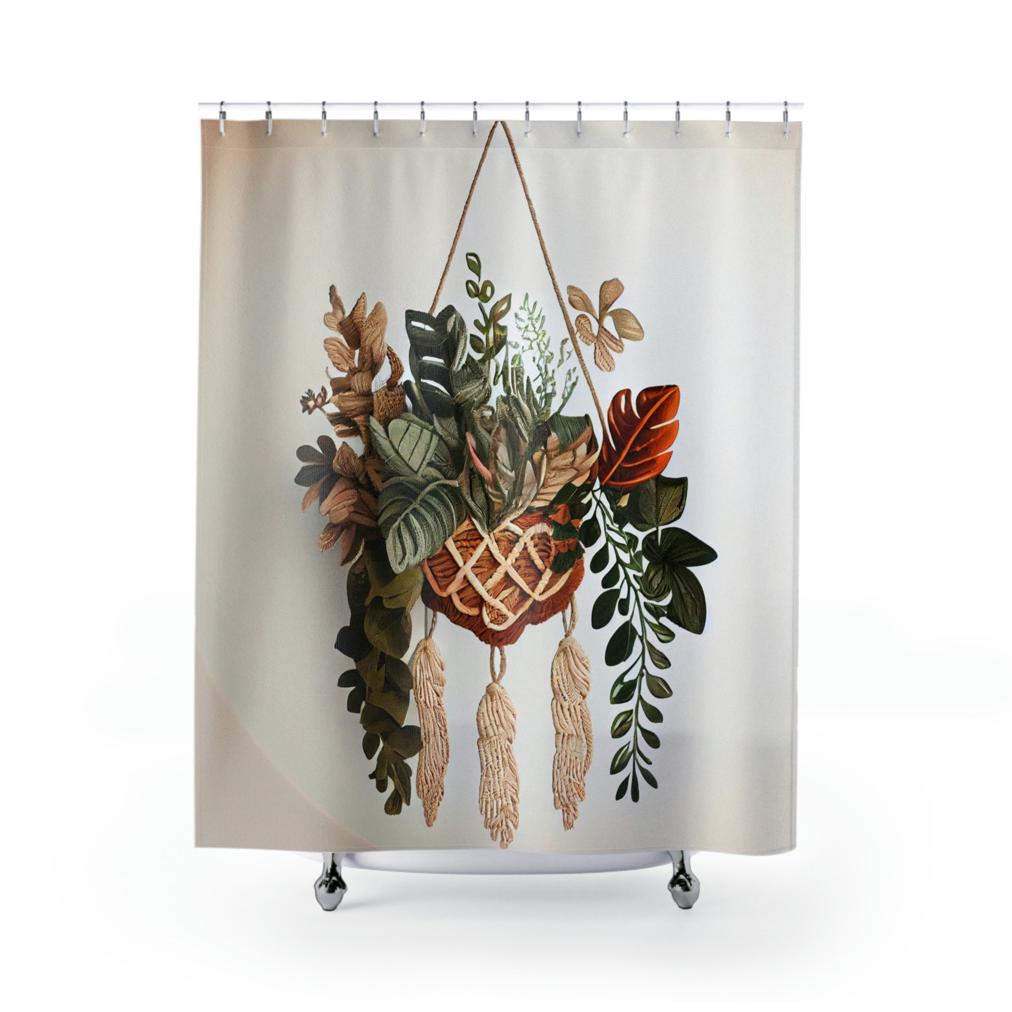 Bohemian Jungle Leaves Print Shower Curtain With Macrame Plant Hanger Set - Image 2