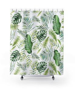 Bohemian Jungle Tropical Floral Botanical And Green Leaves Shower Curtain With Minimalist