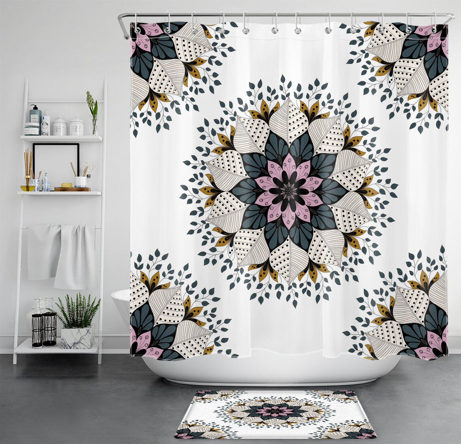 Bohemian Leaf And Floral Print Shower Curtain For Bathroom Decor
