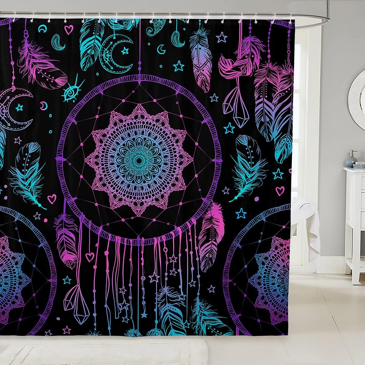 Bohemian Mandala Shower Curtain with Purple Dream Catchers for Boys