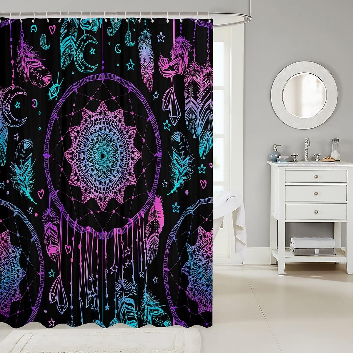 Bohemian Mandala Shower Curtain with Purple Dream Catchers for Boys