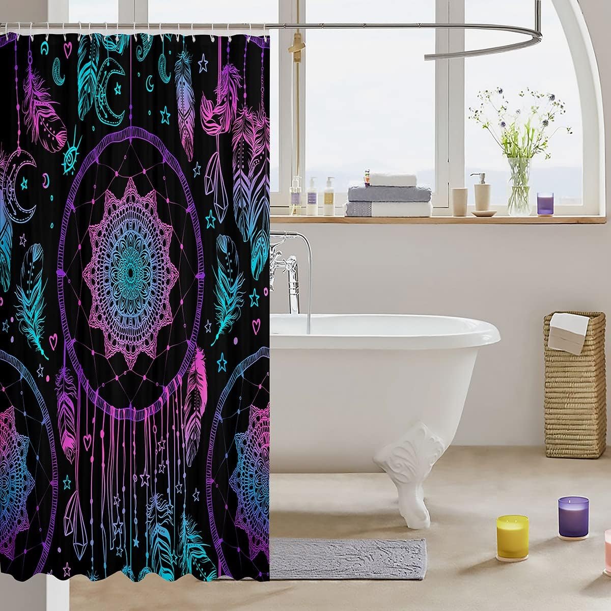 Bohemian Mandala Shower Curtain with Purple Dream Catchers for Boys