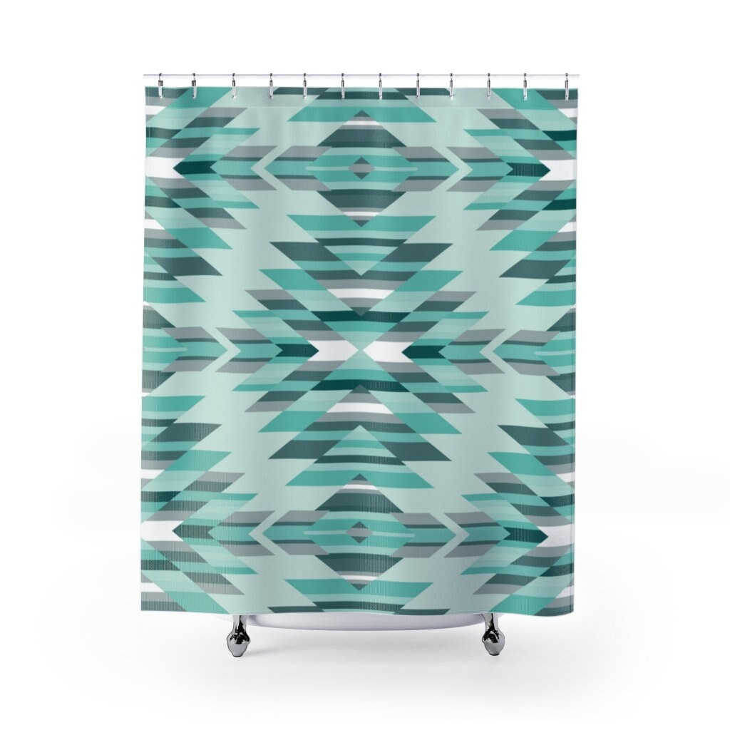 Bohemian Mint Shower Curtain with Southwestern Style Prints