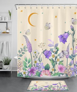 Bohemian Moon And Star, Butterfly And Plant Flower Print Shower Curtain For Bathroom Decor