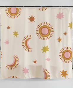 Bohemian Moon Art Illustration Shower Curtain With Crescent Sun Stars 