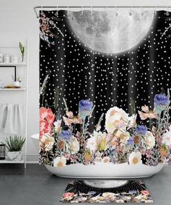 Bohemian Moon Watercolor Flowers Printed Shower Curtain For Bathroom Decor