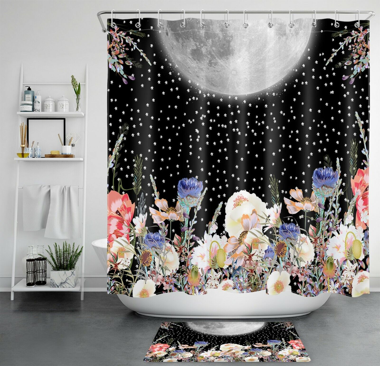 Bohemian Moon Watercolor Flowers Printed Shower Curtain For Bathroom Decor