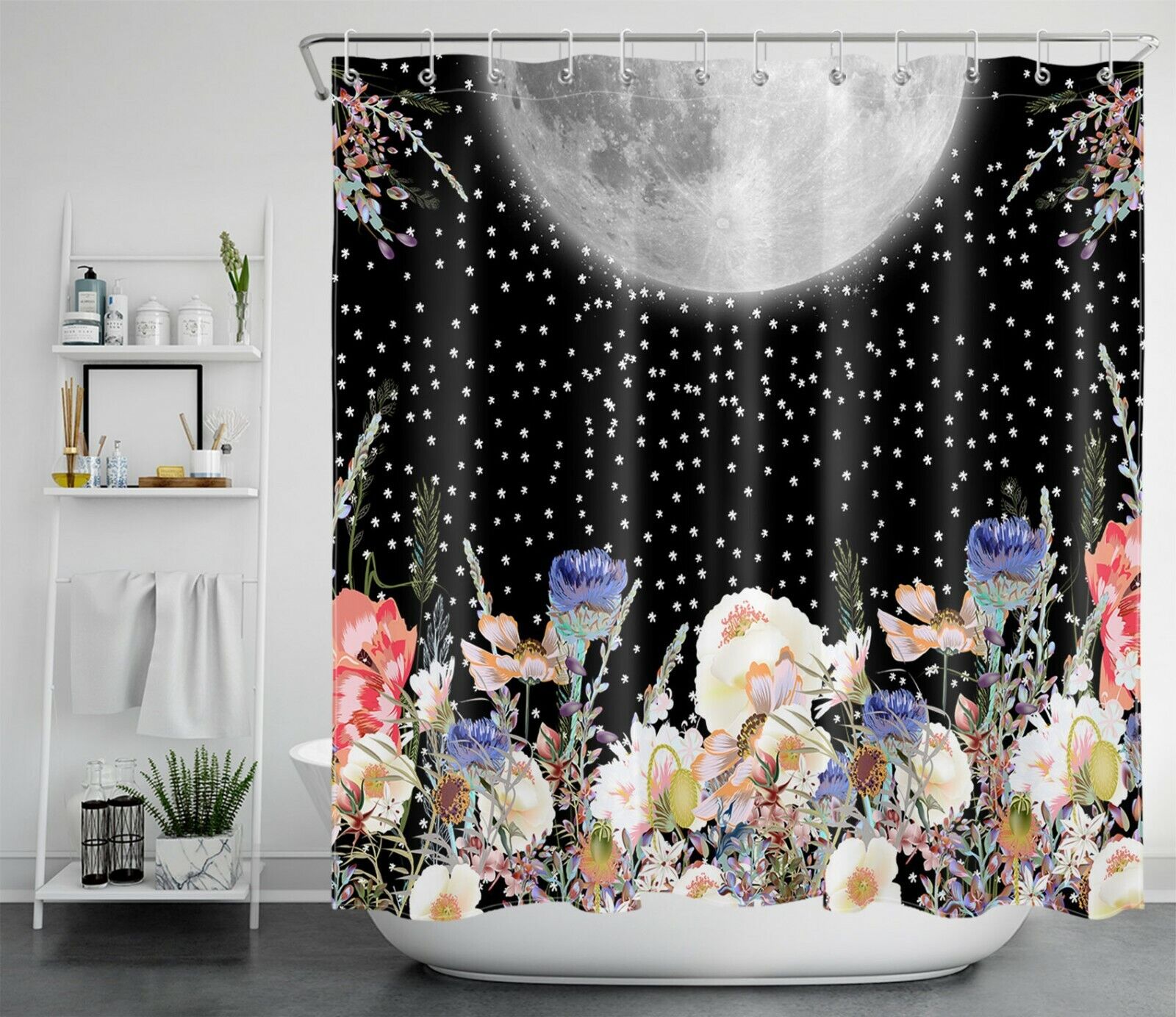 Bohemian Moon Watercolor Flowers Printed Shower Curtain For Bathroom Decor - Image 2