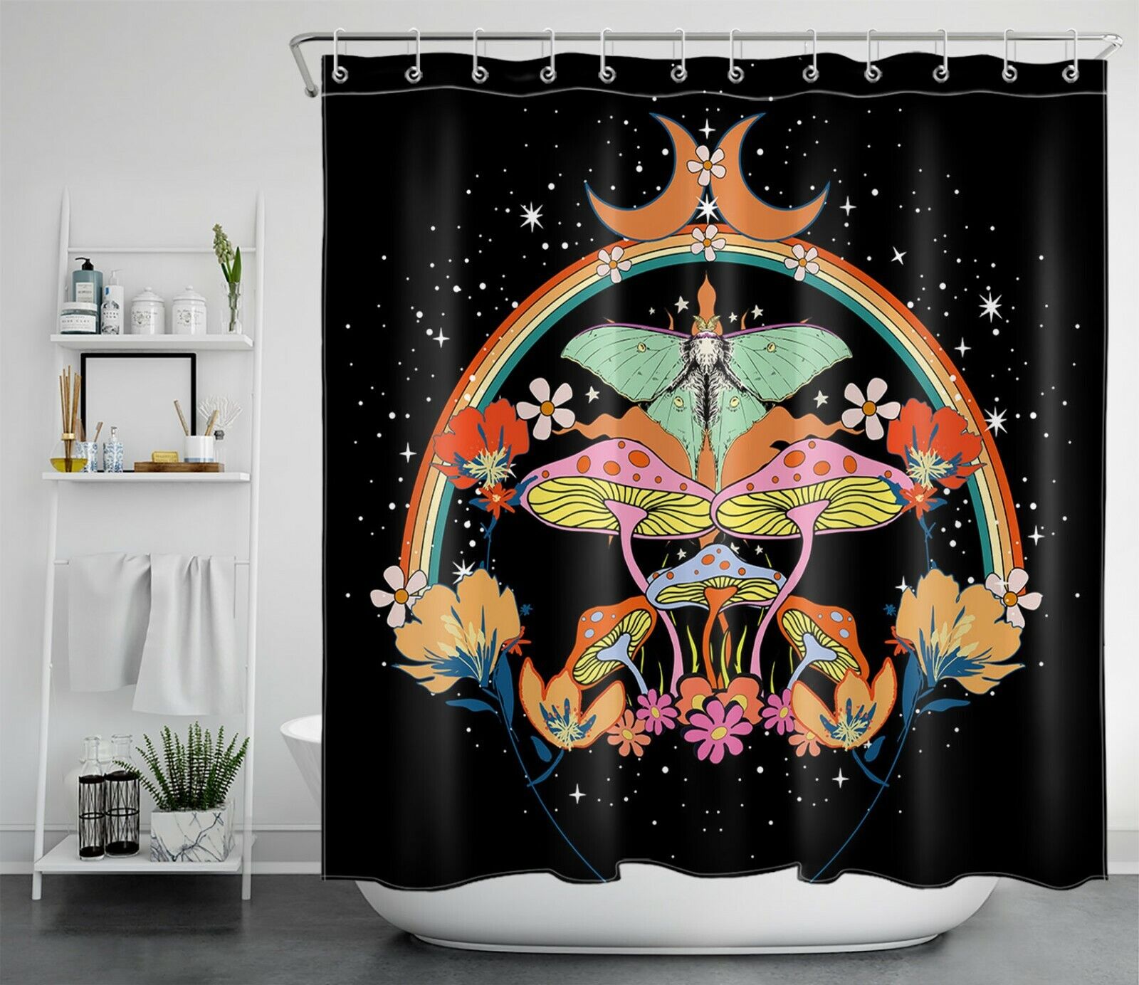 Bohemian Moth Psychedelic Mushroom Shower Curtain for Bathroom Decor