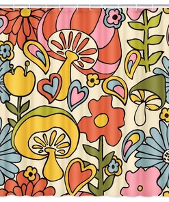 Bohemian Mushroom And Flower Print Waterproof Shower Curtain For Bathroom Decor