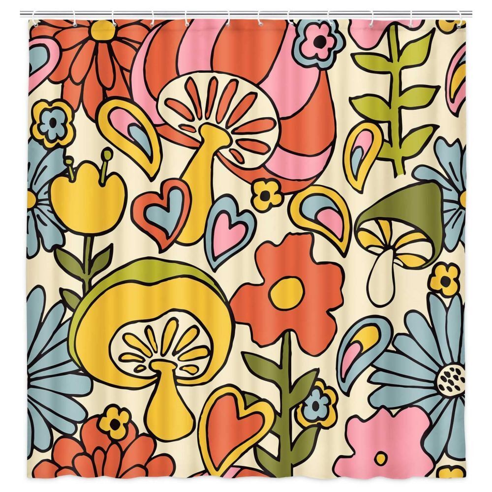 Bohemian Mushroom And Flower Print Waterproof Shower Curtain For Bathroom Decor