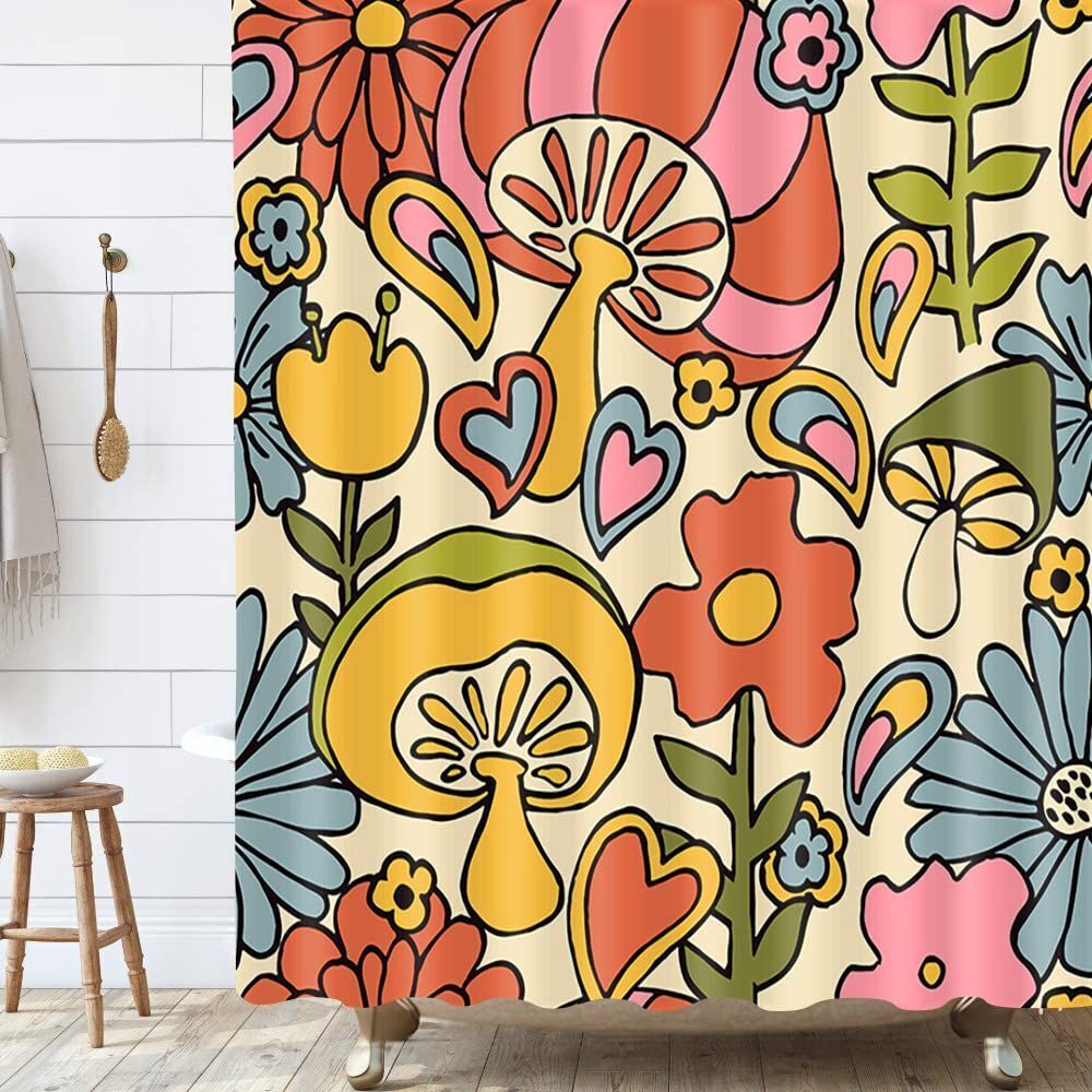 Bohemian Mushroom And Flower Print Waterproof Shower Curtain For Bathroom Decor - Image 2