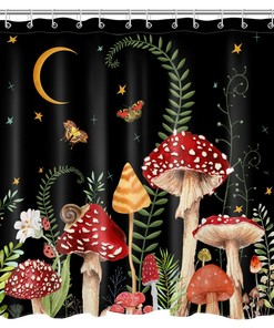 Bohemian Mushroom Butterfly Moon Shower Curtain, Psychedelic Bathroom Decor