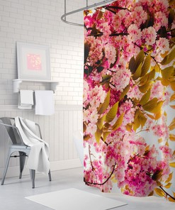 Bohemian Pink Floral Shower Curtain with Blue Background for a Boho Bathroom