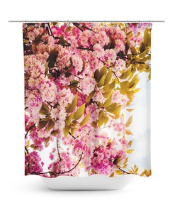 Bohemian Pink Floral Shower Curtain with Blue Background for a Boho Bathroom