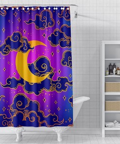 Bohemian Purple Crescent Moon And Clouds Shower Curtain For Bathroom Decor