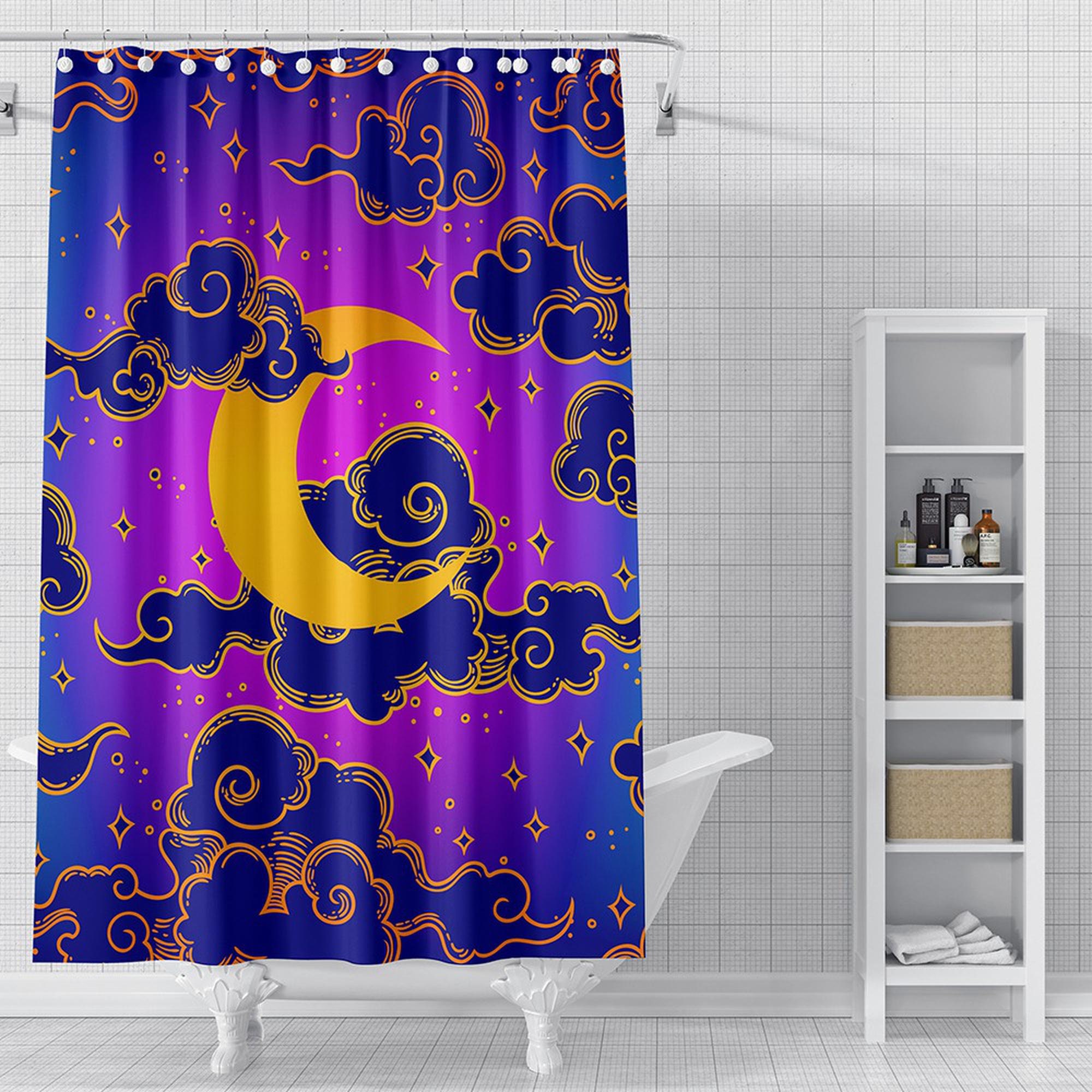 Bohemian Purple Crescent Moon And Clouds Shower Curtain For Bathroom Decor
