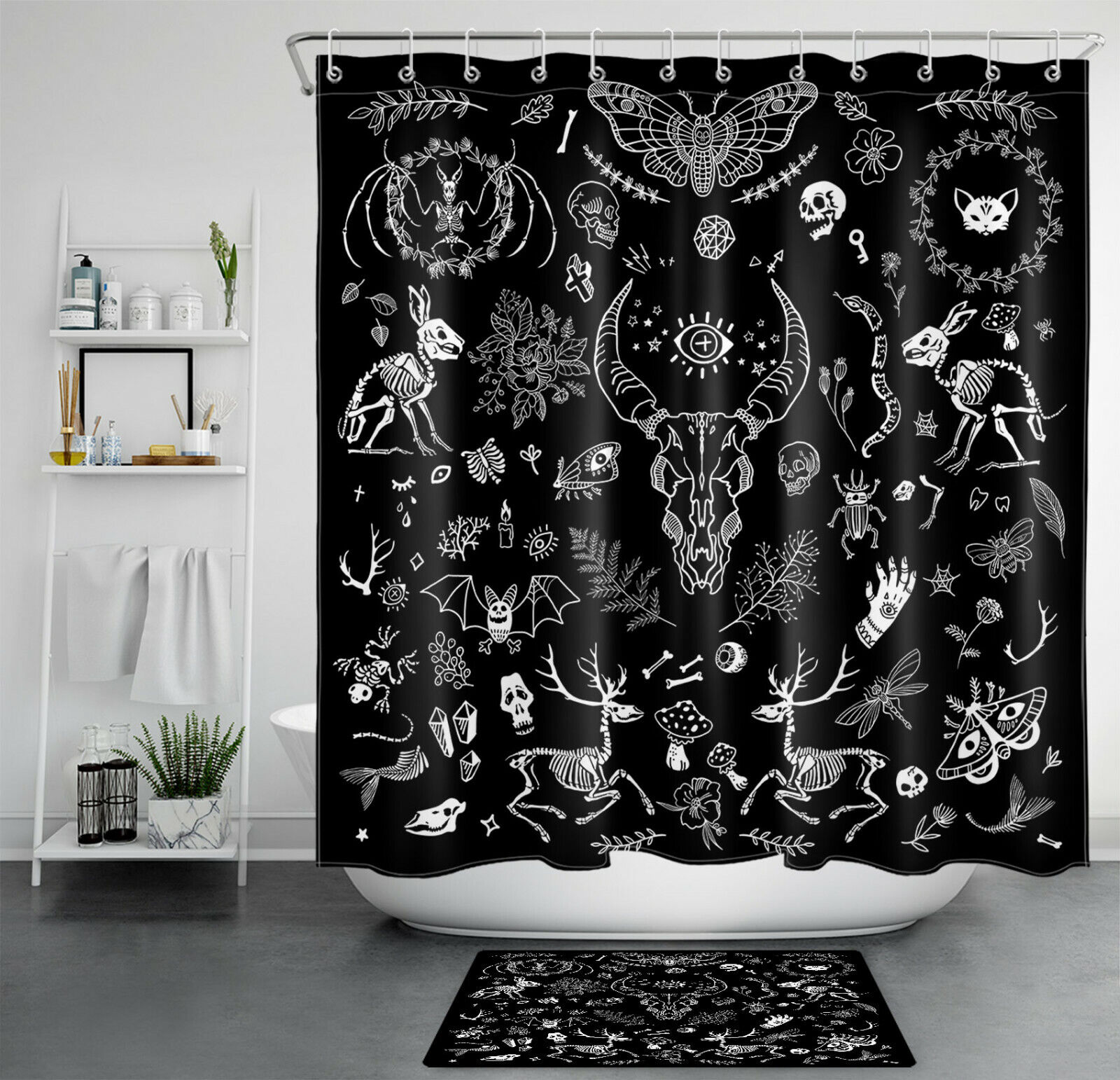 Bohemian Shower Curtain With Skull & Butterfly Design For Day Of The Dead