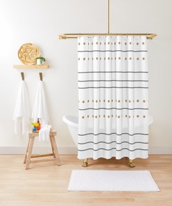 Bohemian Shower Curtain with Mudcloth Print, Gray Stripes, and Beige Dots for a Minimalist Look