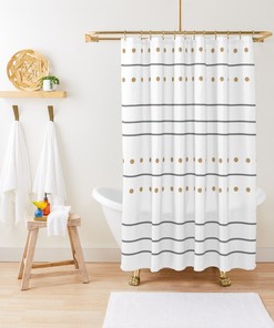 Bohemian Shower Curtain with Mudcloth Print, Gray Stripes, and Beige Dots for a Minimalist Look