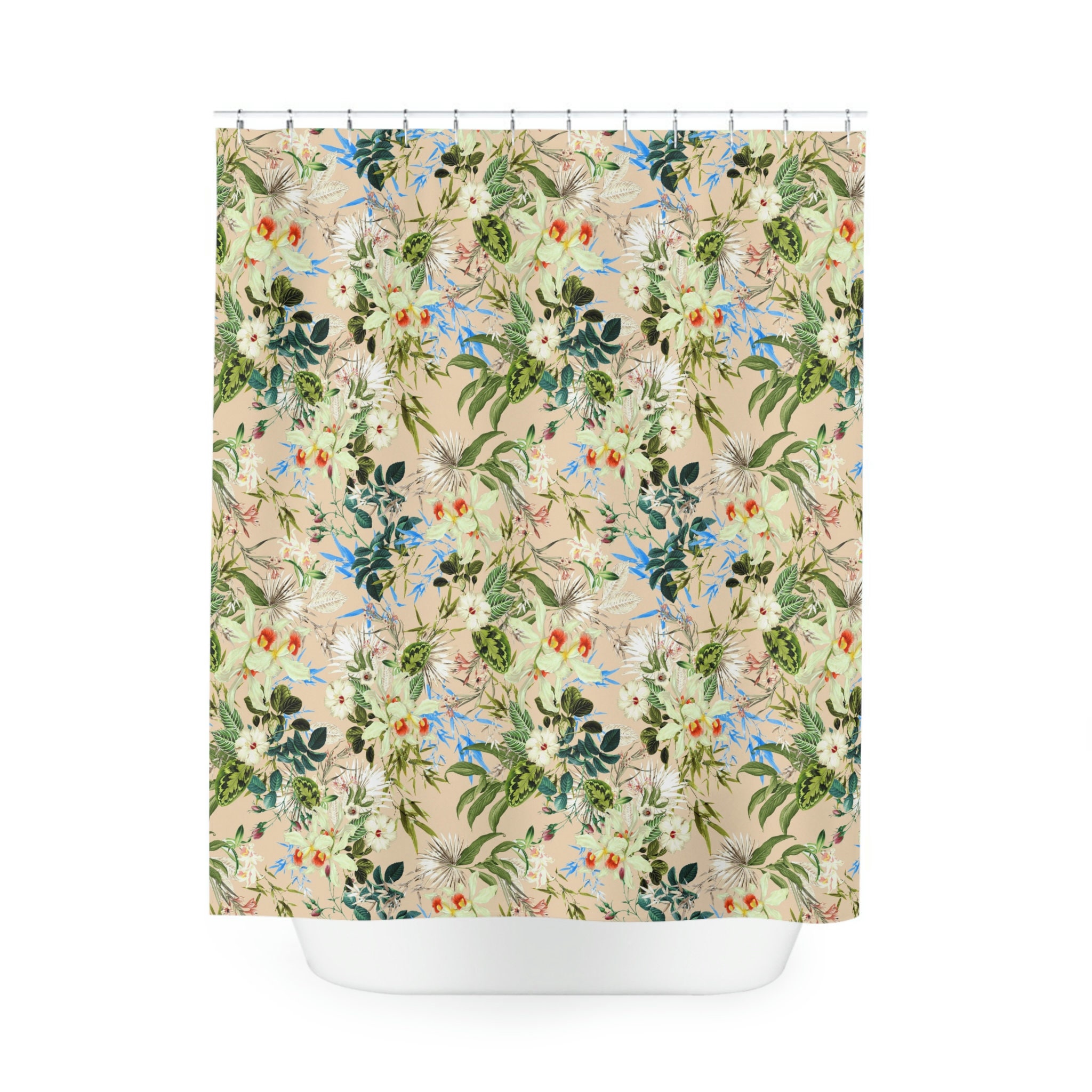 Bohemian Shower Curtain with Tropical Flowers and Leaves for a Funky Bathroom