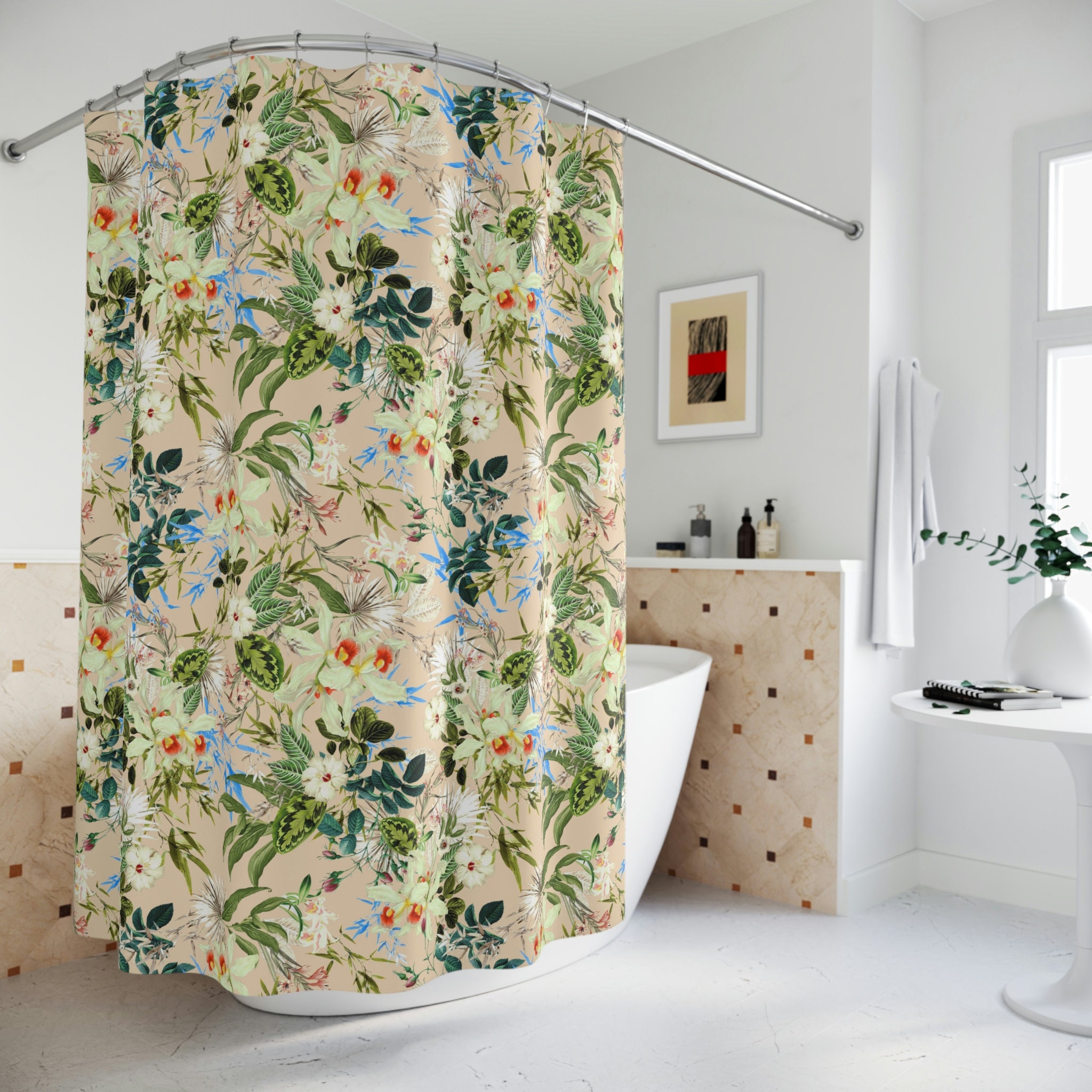 Bohemian Shower Curtain with Tropical Flowers and Leaves for a Funky Bathroom