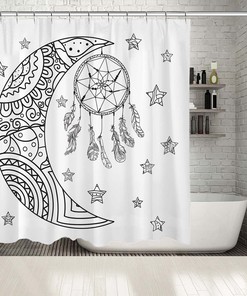 Bohemian Style Landscape Shower Curtain with Black and White Moon and Stars Prints