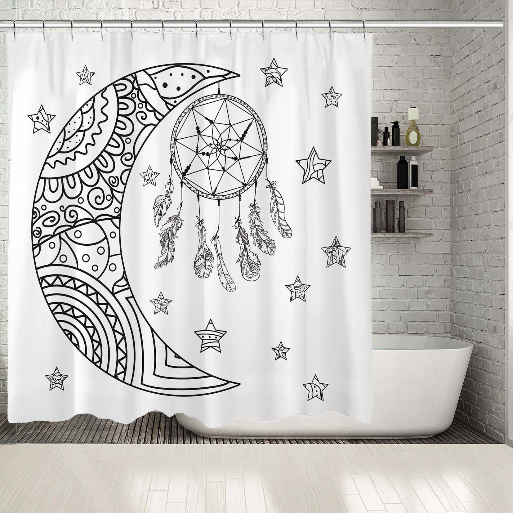 Bohemian Style Landscape Shower Curtain with Black and White Moon and Stars Prints