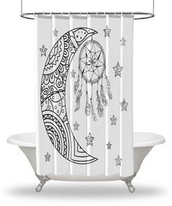 Bohemian Style Landscape Shower Curtain with Black and White Moon and Stars Prints
