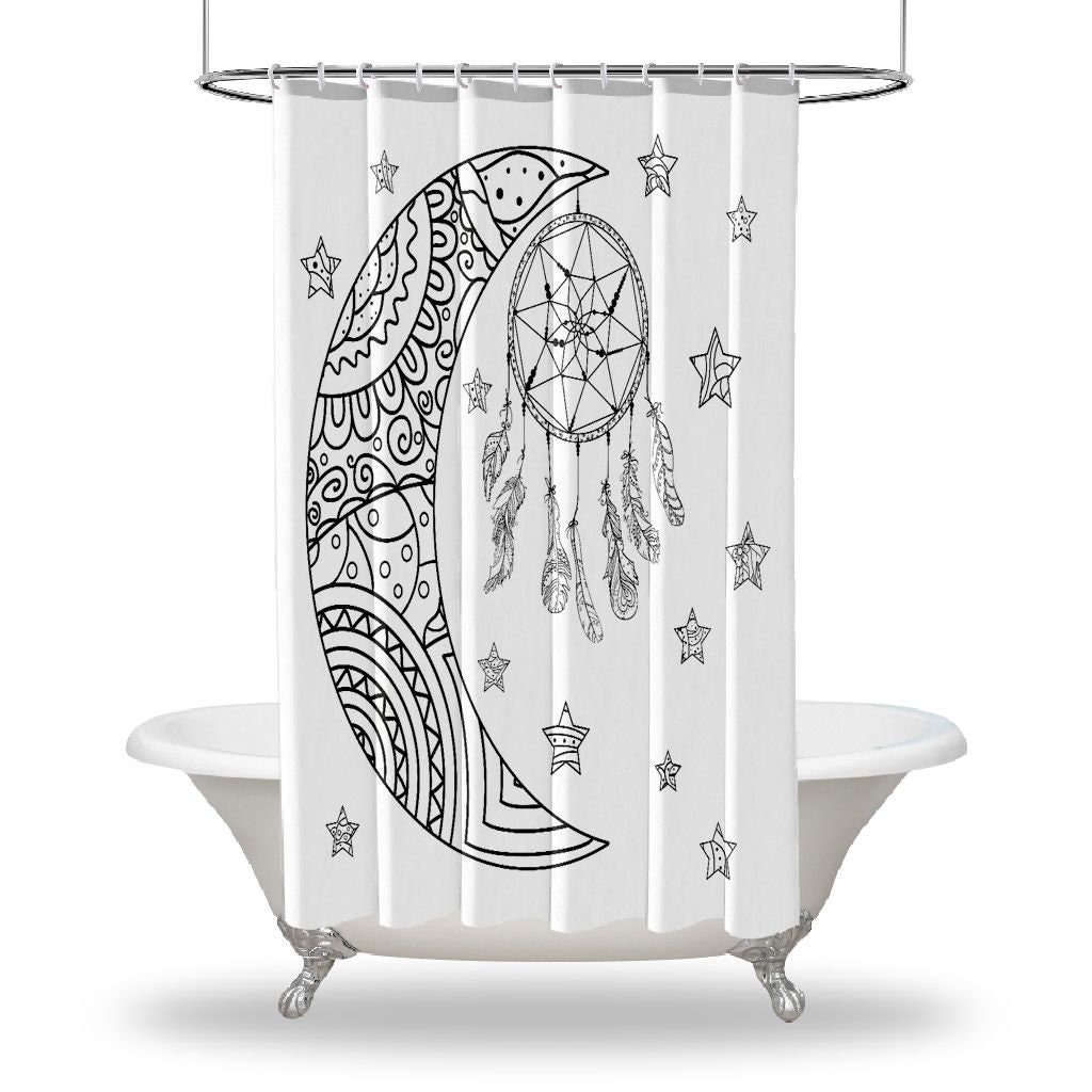 Bohemian Style Landscape Shower Curtain with Black and White Moon and Stars Prints