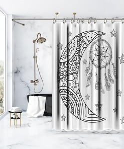 Bohemian Style Landscape Shower Curtain with Black and White Moon and Stars Prints