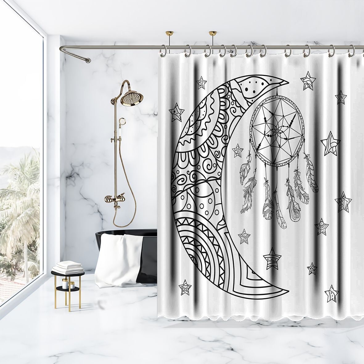 Bohemian Style Landscape Shower Curtain with Black and White Moon and Stars Prints