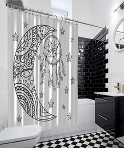 Bohemian Style Landscape Shower Curtain with Black and White Moon and Stars Prints