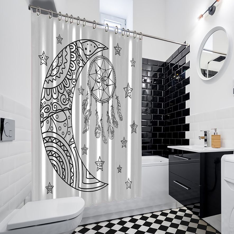 Bohemian Style Landscape Shower Curtain with Black and White Moon and Stars Prints