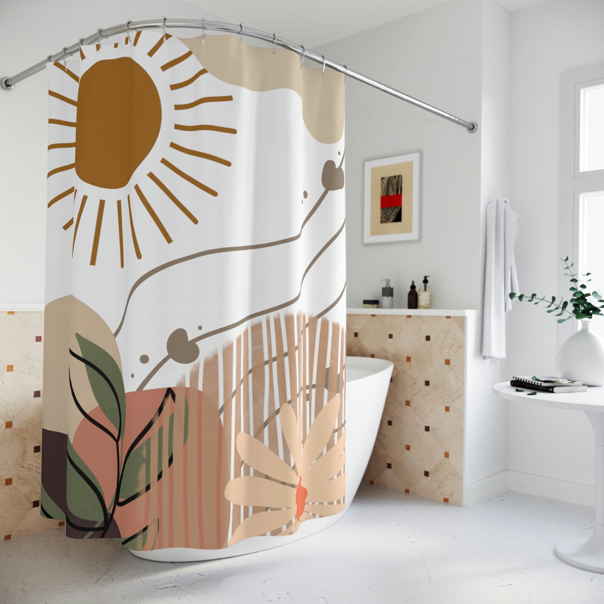 Bohemian Style Sunburst Shower Curtain, Boho Chic Bathroom Decor