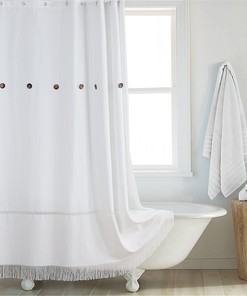 Bohemian Tassel Shower Curtain - Minimalist Art Bathroom Decor with Button Detail