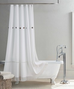 Bohemian Tassel Shower Curtain - Minimalist Art Bathroom Decor with Button Detail