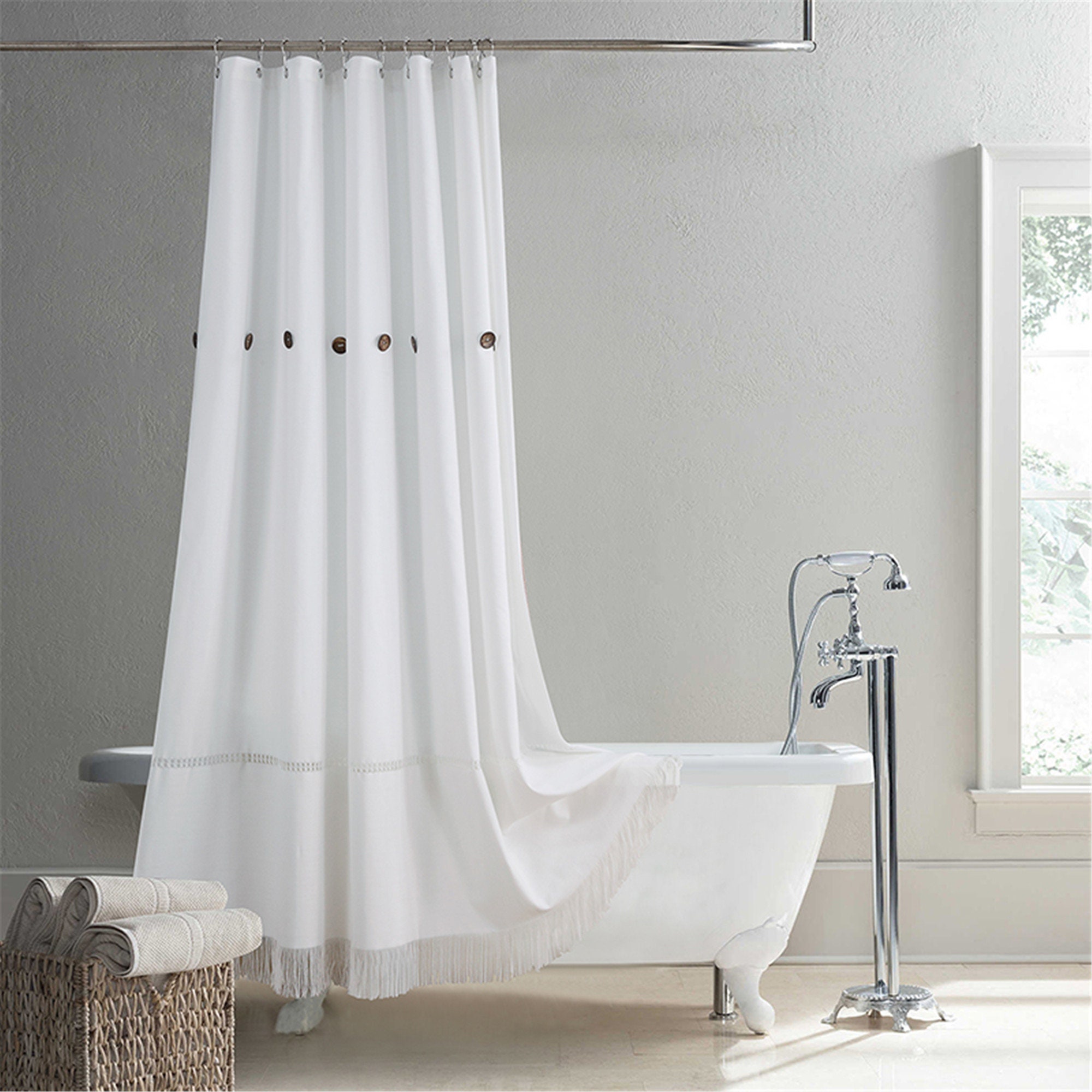 Bohemian Tassel Shower Curtain - Minimalist Art Bathroom Decor with Button Detail