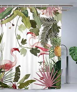 Bohemian Tropical Shower Curtain For The Bathroom, Pink Green Leaf Flamingo Print, Waterproof Fabric