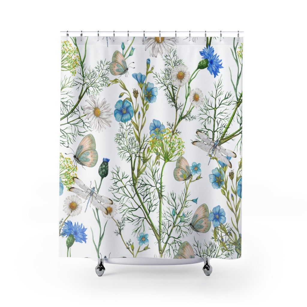 Bohemian Vintage Floral Butterfly Shower Curtain for Bathroom