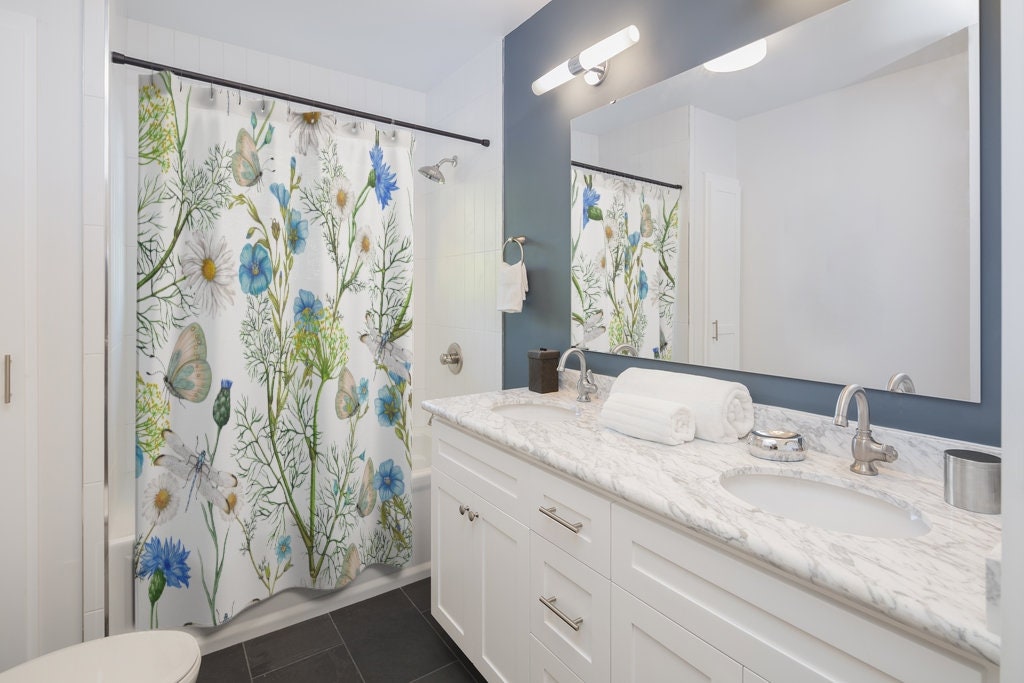 Bohemian Vintage Floral Butterfly Shower Curtain for Bathroom