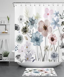 Bohemian Watercolor Botanical Leaf And Flower Print Shower Curtain For Bathroom Decor