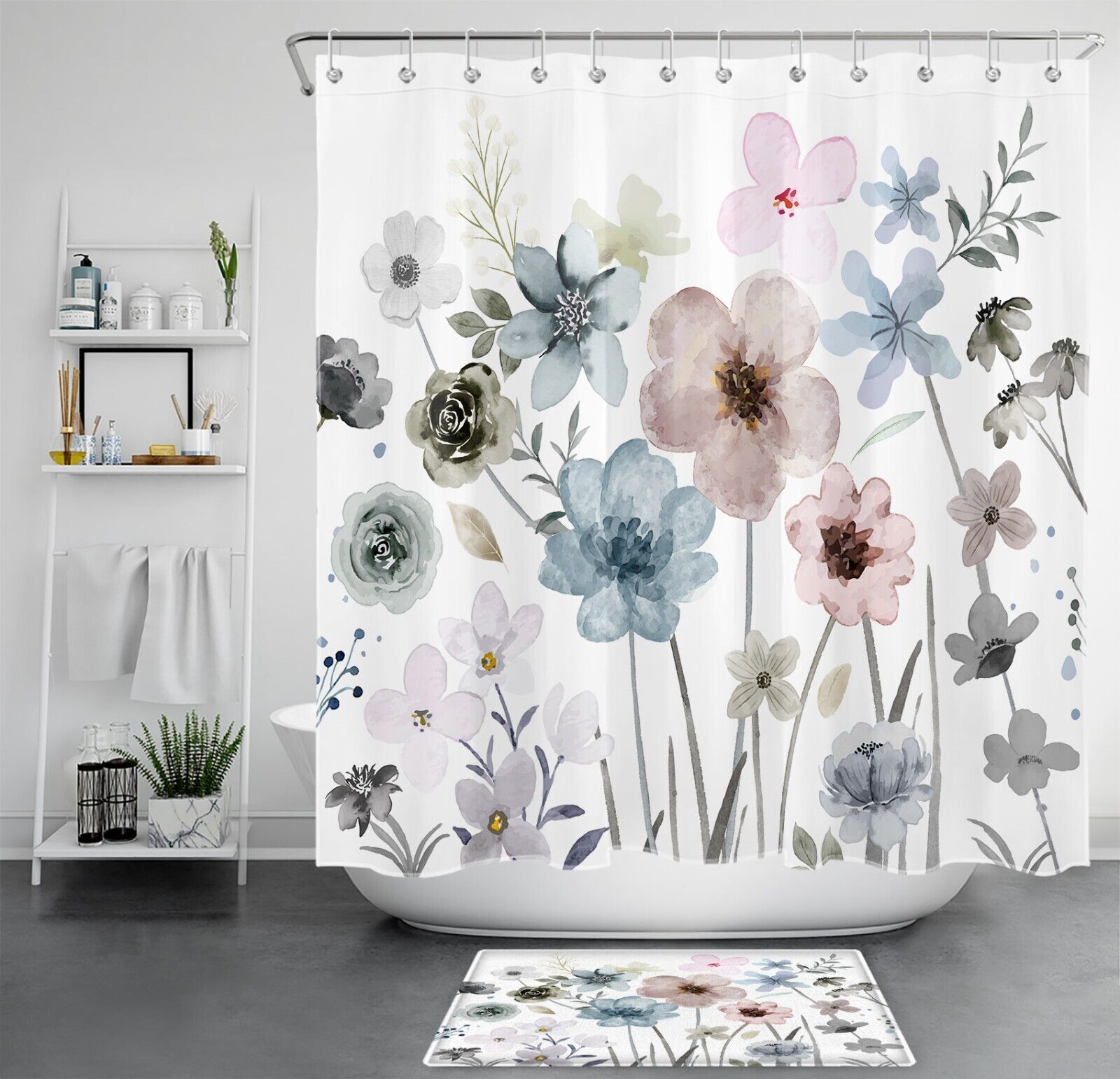 Bohemian Watercolor Botanical Leaf And Flower Print Shower Curtain For Bathroom Decor