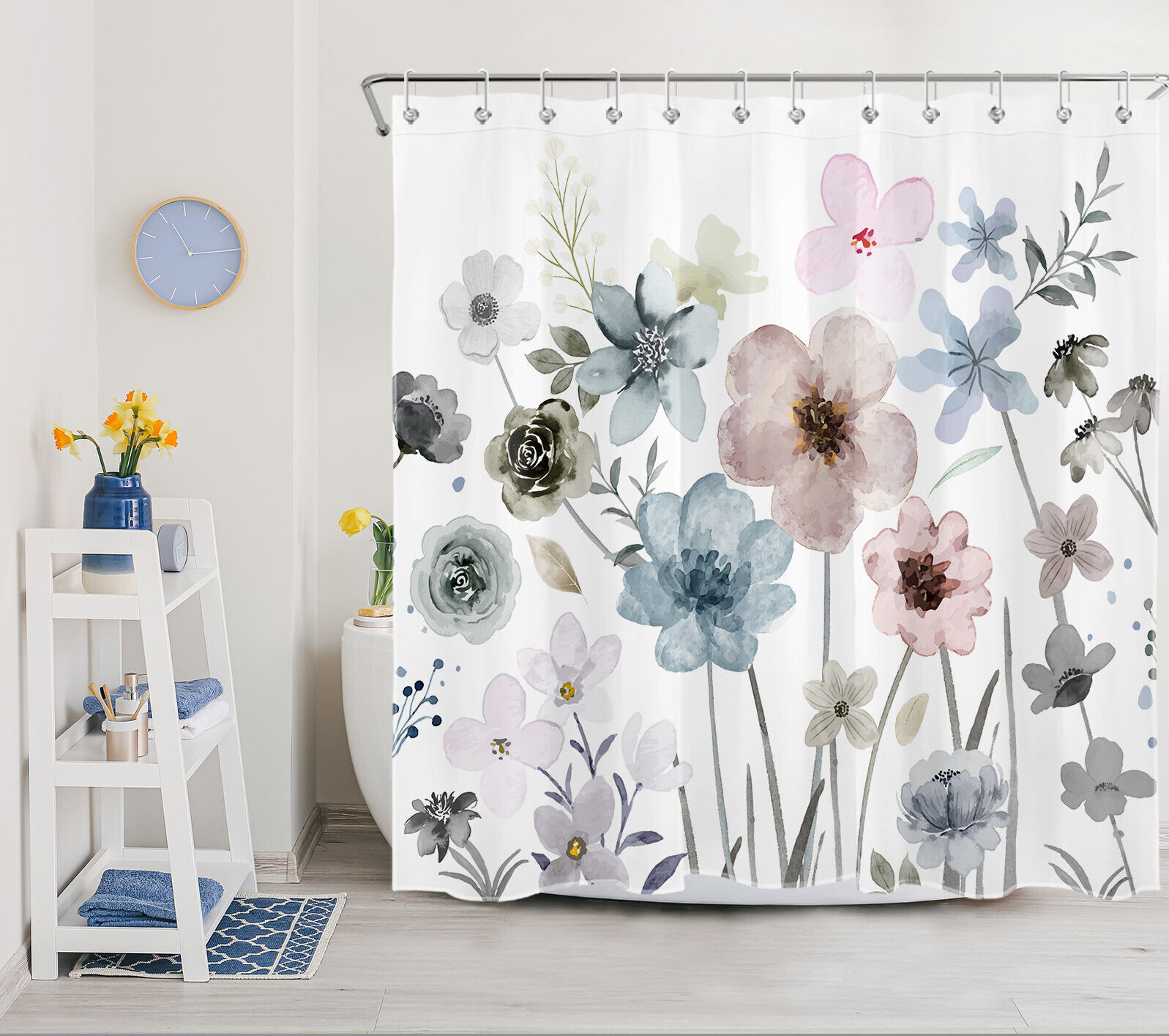 Bohemian Watercolor Botanical Leaf And Flower Print Shower Curtain For Bathroom Decor - Image 2