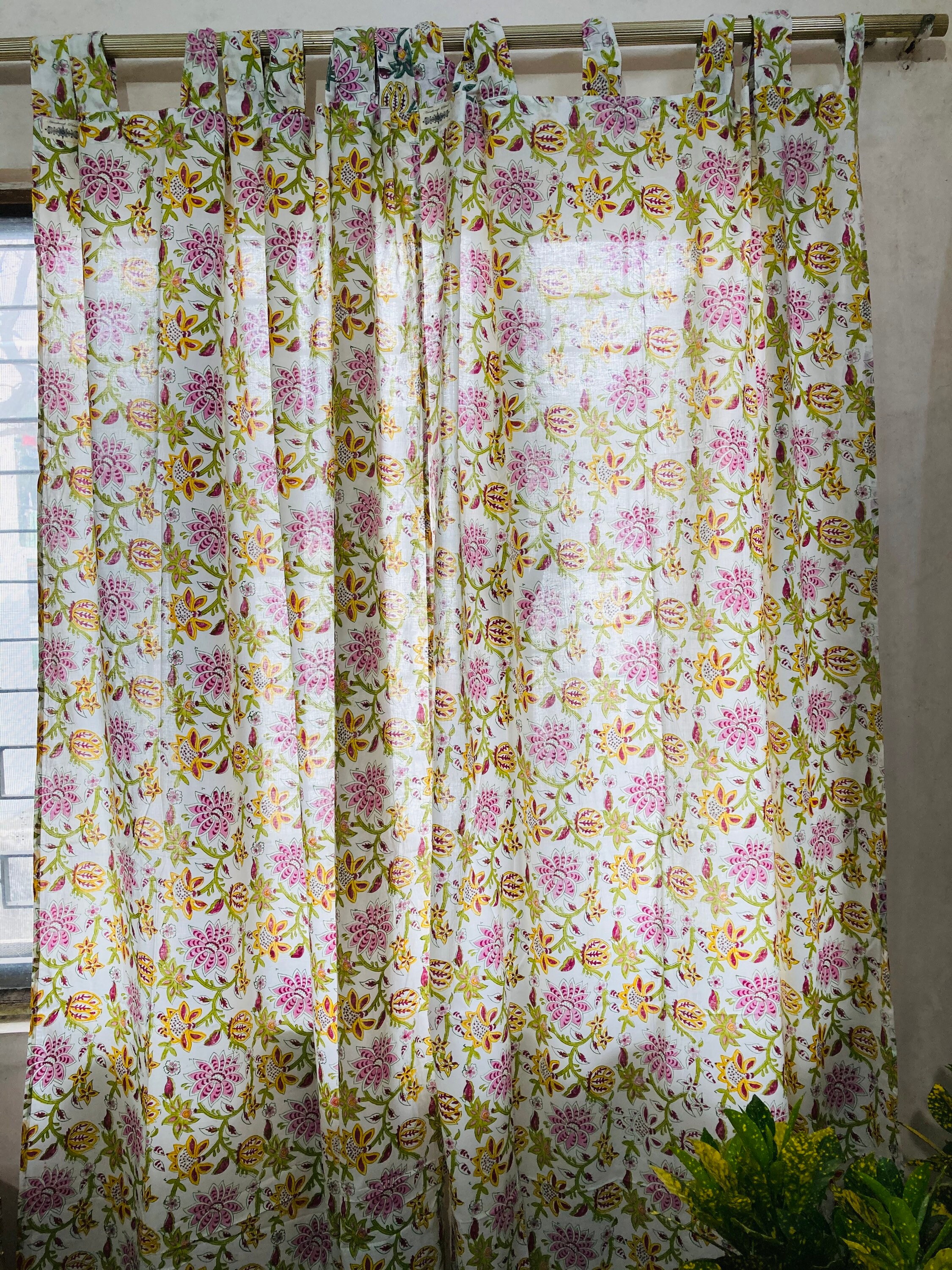 Bohemian White Floral Print Shower Curtain, Set of Two, Beach House Bathroom Decor