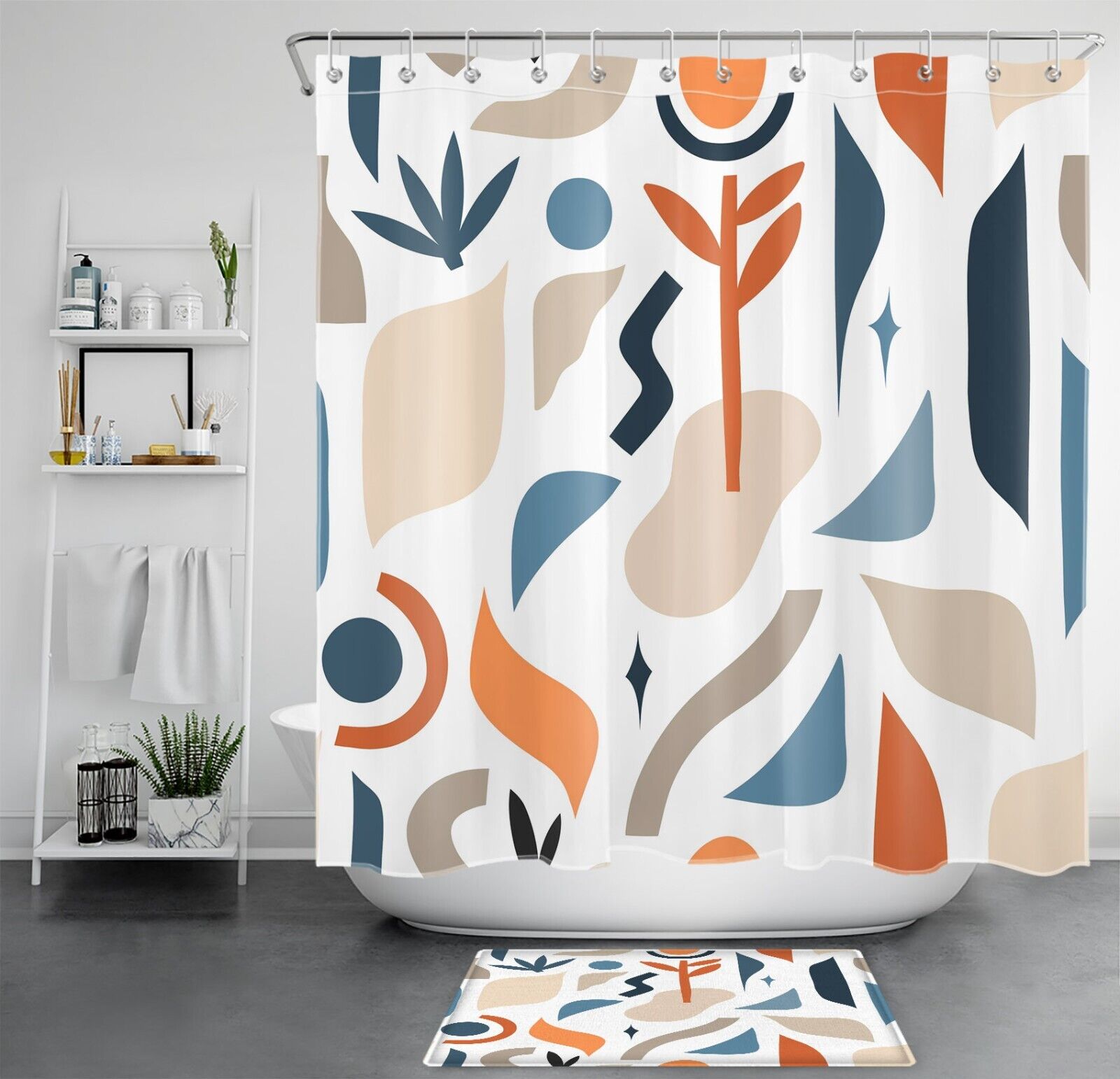 Boho Abstract Geometric And Plant Flower Print Shower Curtain For Bathroom