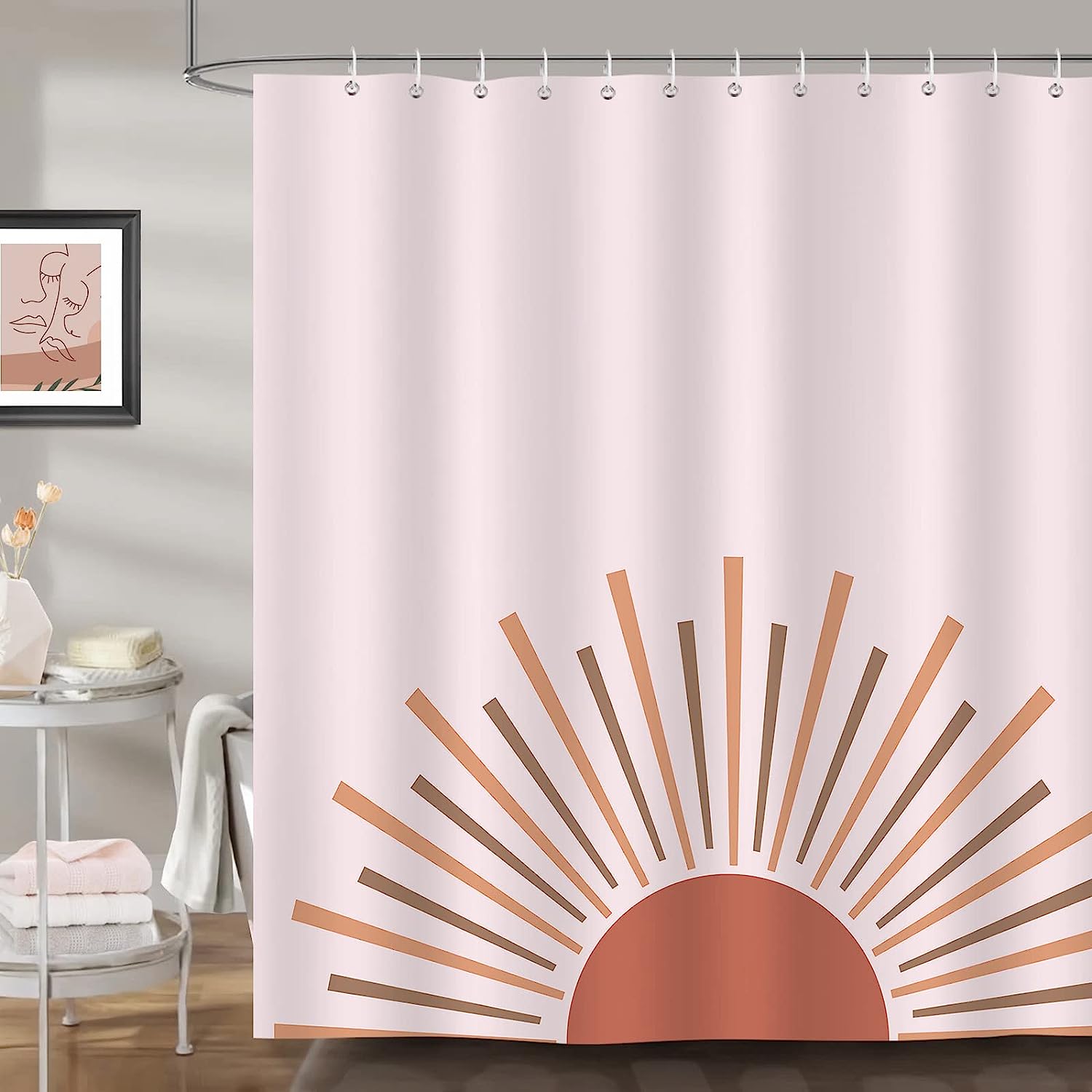 Boho Abstract Minimalist Sun Shower Curtain, Mid Century Modern Design, Waterproof Fabric For The Bathroom - Image 2