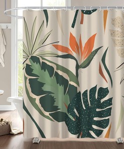 Boho Abstract Plant Palm Leaf Shower Curtain for Tropical Bathroom Decor